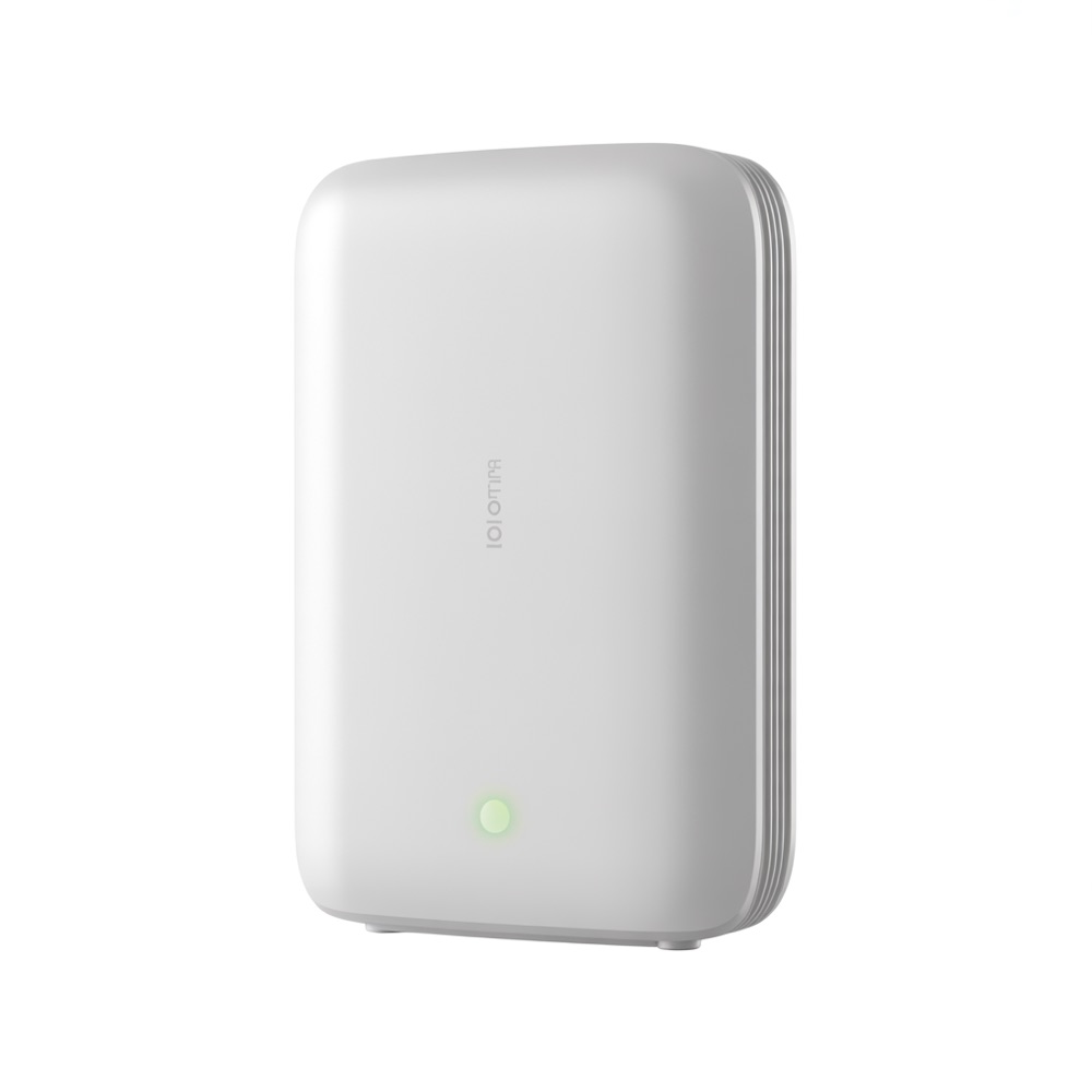 Módem Wi-Fi 6 ONT AX3000 blanco, con luz de estado encendida.