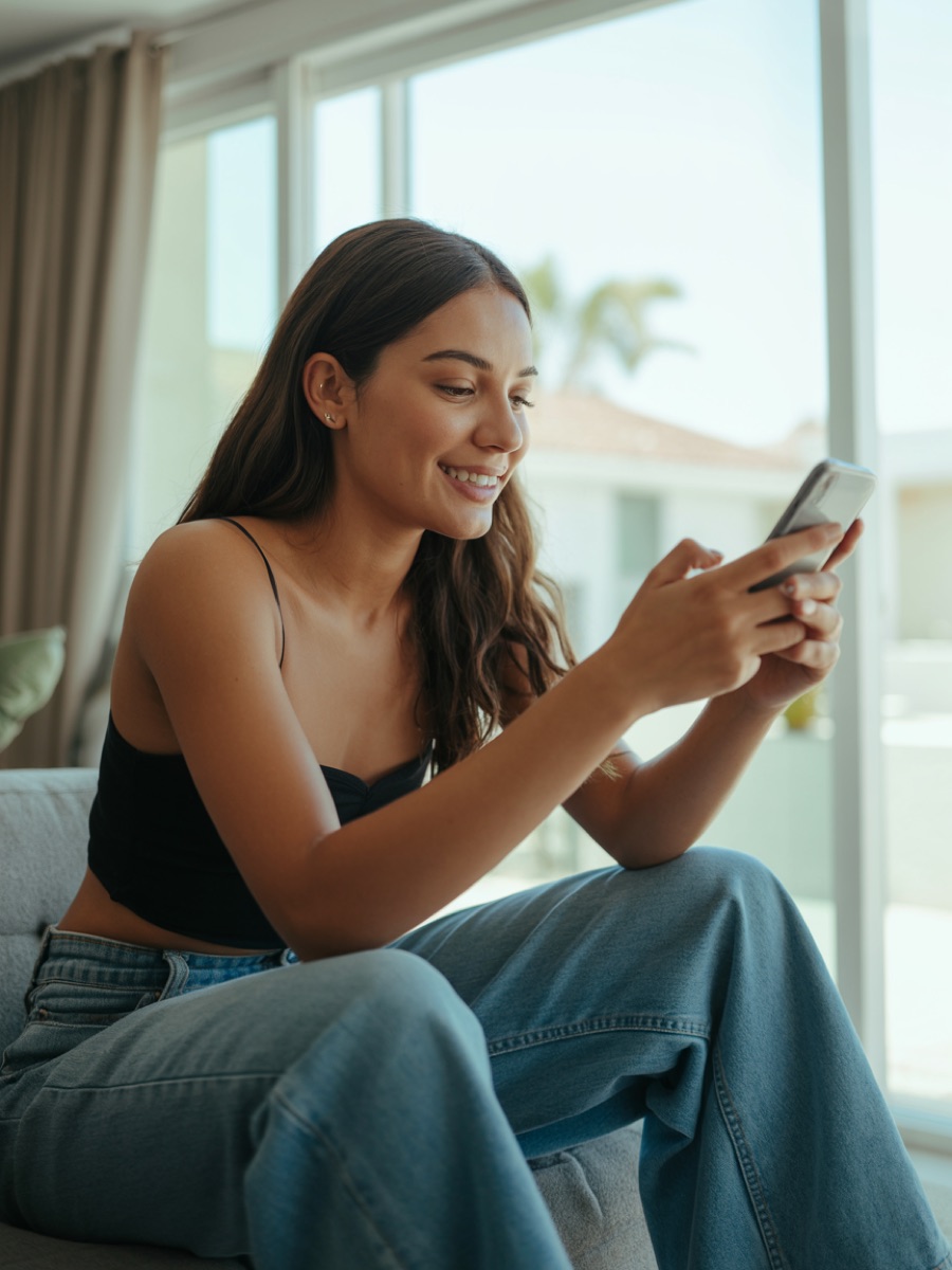 Joven navegando desde su celular con internet de fibra Prendo en casa